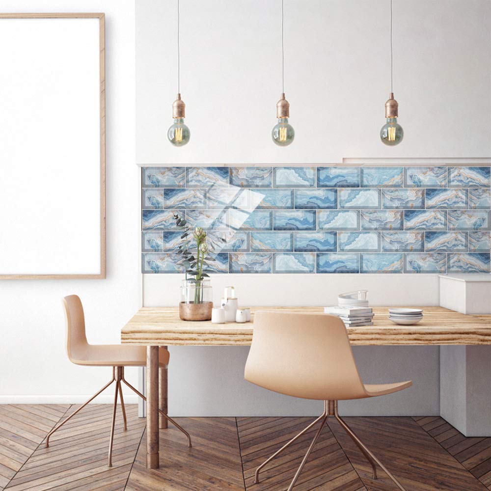 LMYSXAOZ 12/24/48 PCS Tile Stickers Stick on Tiles, Self Adhesive Wall Tiles for Kitchen Bathroom, Oil Proof Peel and DIY Floor Marble 20x10cm (24PCS,Blue Marble)