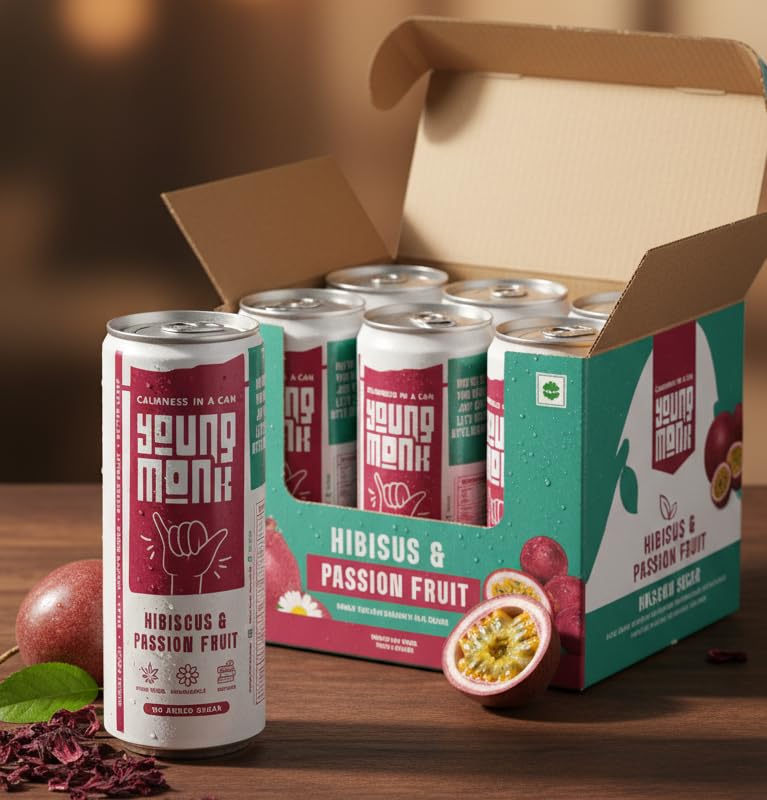 Image of YOUNG MONK Calmness Drink Hibiscus & Passion Fruit Flavour | Ready to Drink Refreshing Beverage | Zero Added Sugar | Floral Hibiscus with Tropical Passion Taste | for Home & Travel (Pack 8)