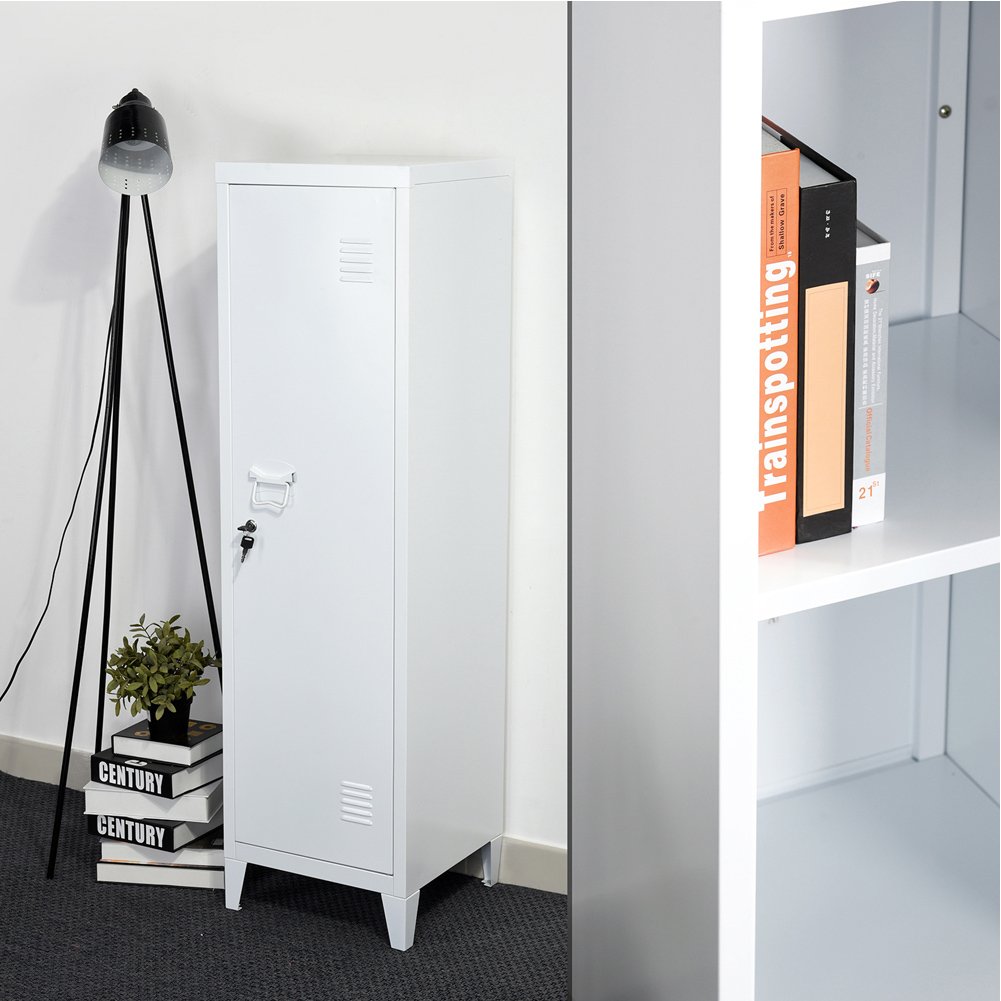 Bakaji - Armoire vestiaire métallique à casiers verrouillables, Porte avec Fermeture à clé, 3 Compartiments intérieurs, Dimensions 138 x 38,5 x 38,5 cm, Blanc