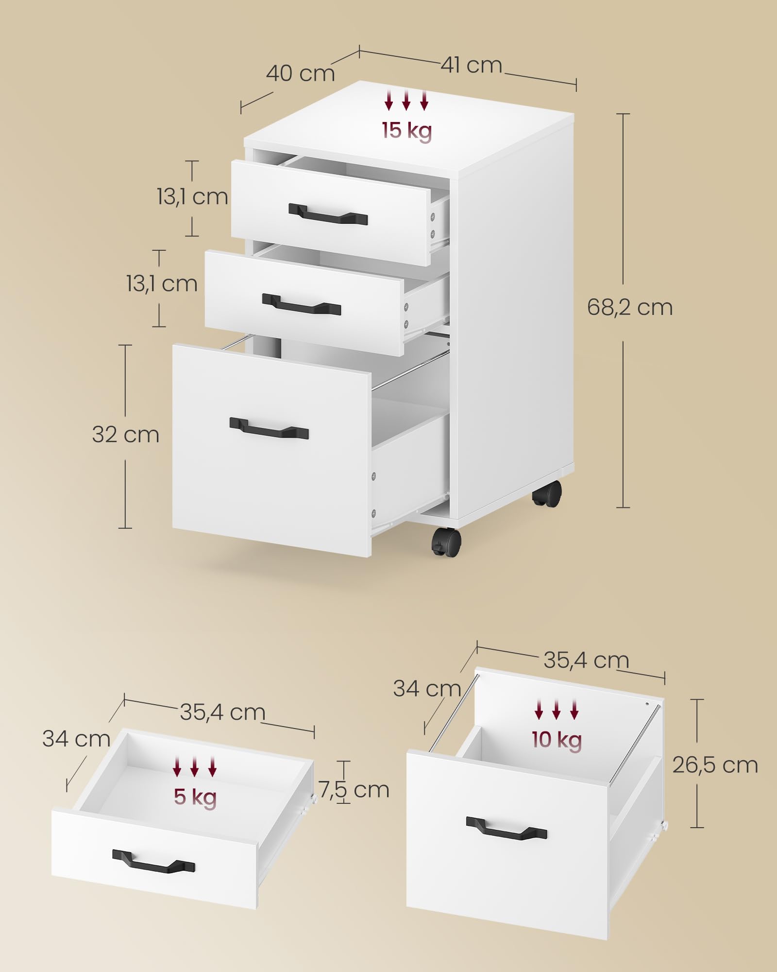 VASAGLE Custos Colección - Archivador de Oficina, Cajonera de Oficina con 3 Cajones, Ruedas, para Documentos Formato A4, Barra Regulable, Blanco Nube OFC065WB01