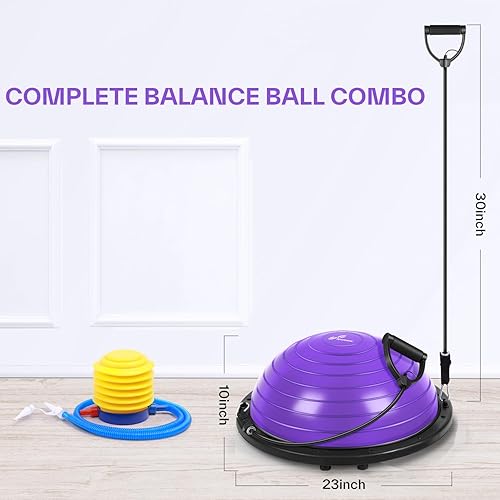 Miniatura 7 de Sportneer Entrenador de pelota de equilibrio con bandas de resistencia y bomba, media pelota de yoga inflable para entrenamiento de cuerpo completo