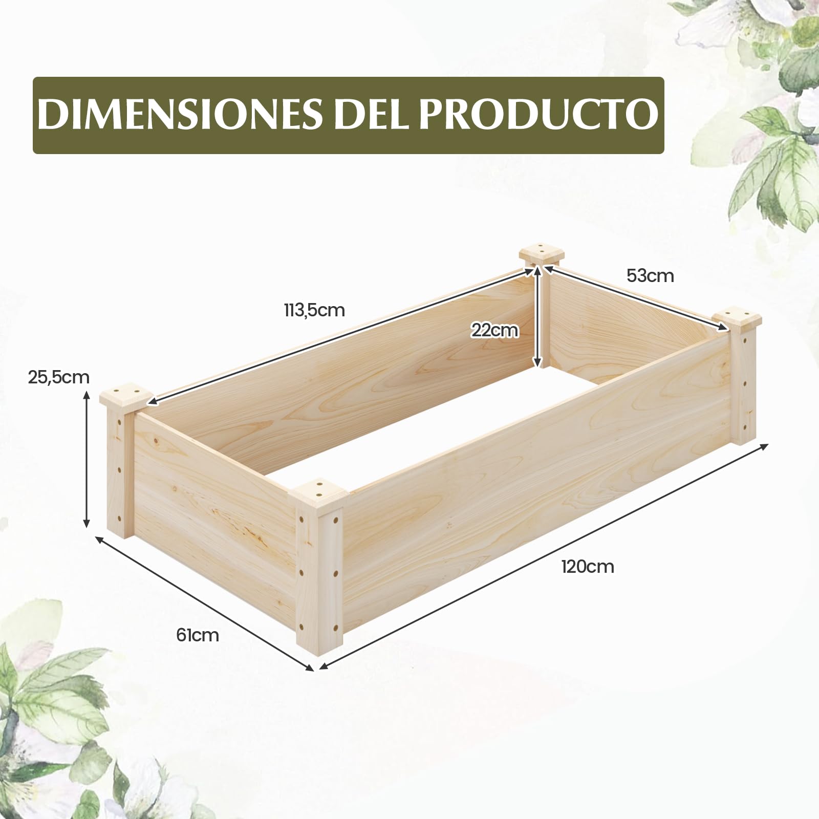 GOPLUS Cama de Jardín Elevada de Madera, Huerto de Plantación Rectangular para Verduras, Frutas, Flores, Hierbas, 120 x 61 x 25,5 cm Jardinera Elevada Exterior para Jardín, Patio, Césped