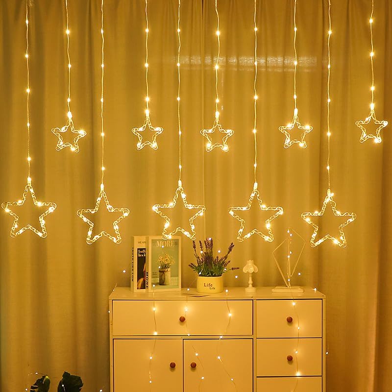 Image of One94Store Fairy Star Curtain String LED Lights, 3 Meter Warm White Plug-in Decorative Curtain with 96 LEDs, 8 Modes and 5+5 Star Design for Home, Festival, Diwali & Wedding Decoration