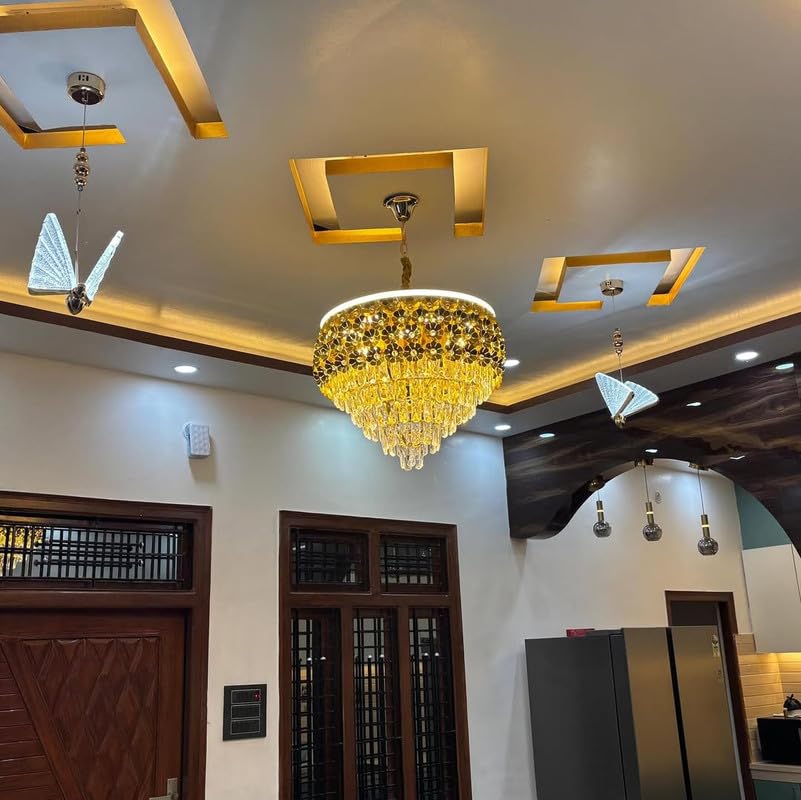 Image of Luxury Flower Crystal Chandelier - 400mm Gold Finish with LED Lighting Gold Fixtures 16 inch Round, Stainless Steel Tube Crystal Golden Finish Exqusite Design Pendant for Home and Office