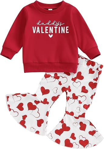 Valentines Toddler Baby Girl Outfit Daddys Valentine Sweatshirt Tops Heart Bell Bottom Pants Clothes Set