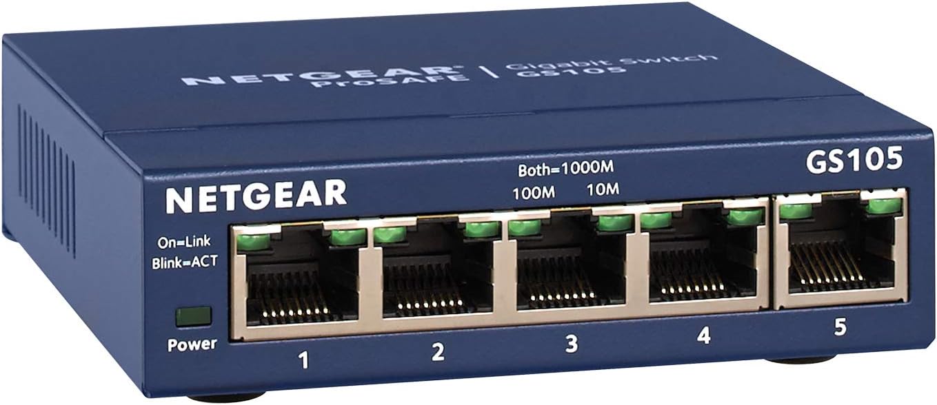 GS105, 5 Port Gigabit Ethernet Network Switch, Ethernet Splitter, Hub, Desktop, and ProSAFE Lifetime Protection