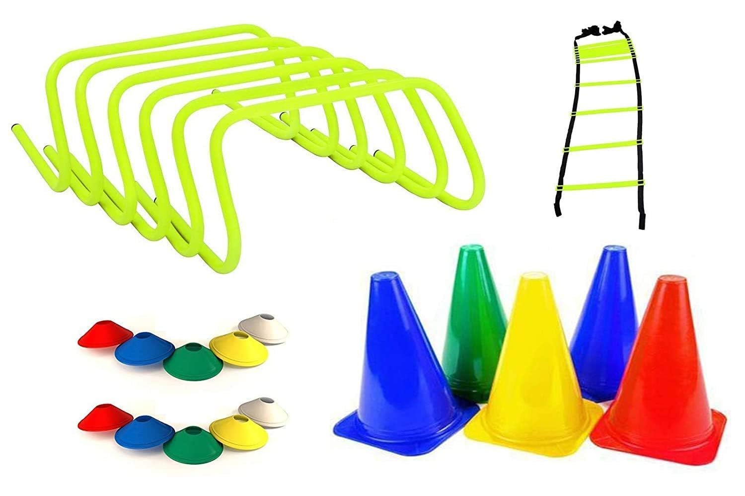CRAZX New Combo of Agility Ladder 4 m with 10 Rungs; 6 Marker Cones (6-inch), Multicolour Saucer Cones Set of 20 and Agility Hurdles 6 inch 6 pcs