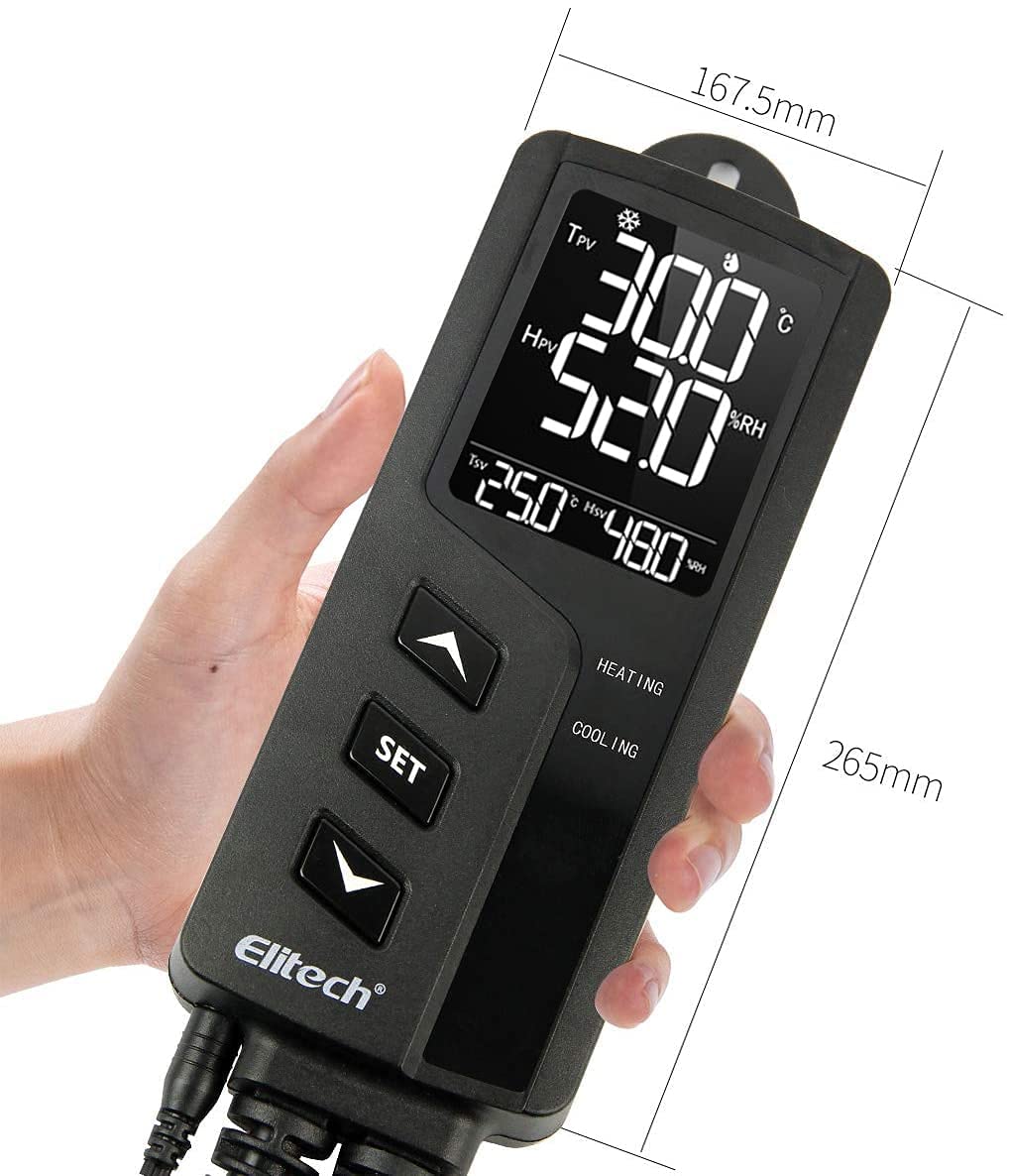 Elitech Thermostat Temperaturregler & Feuchtigkeitsregler Temperatur Steuerung Steckdosen 220V mit Sensorsonde für Gewächshaus Reptilien Terrarium