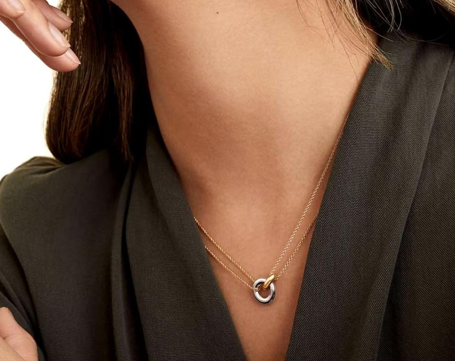QueenBee Gold and Silver Interlocking Rings Necklace for Women – 14K Gold Plated Layered Chain, Circle Pendant Two-Tone Jewelry Gift for Birthday, Christmas – Hypoallergenic, Mixed Metal4