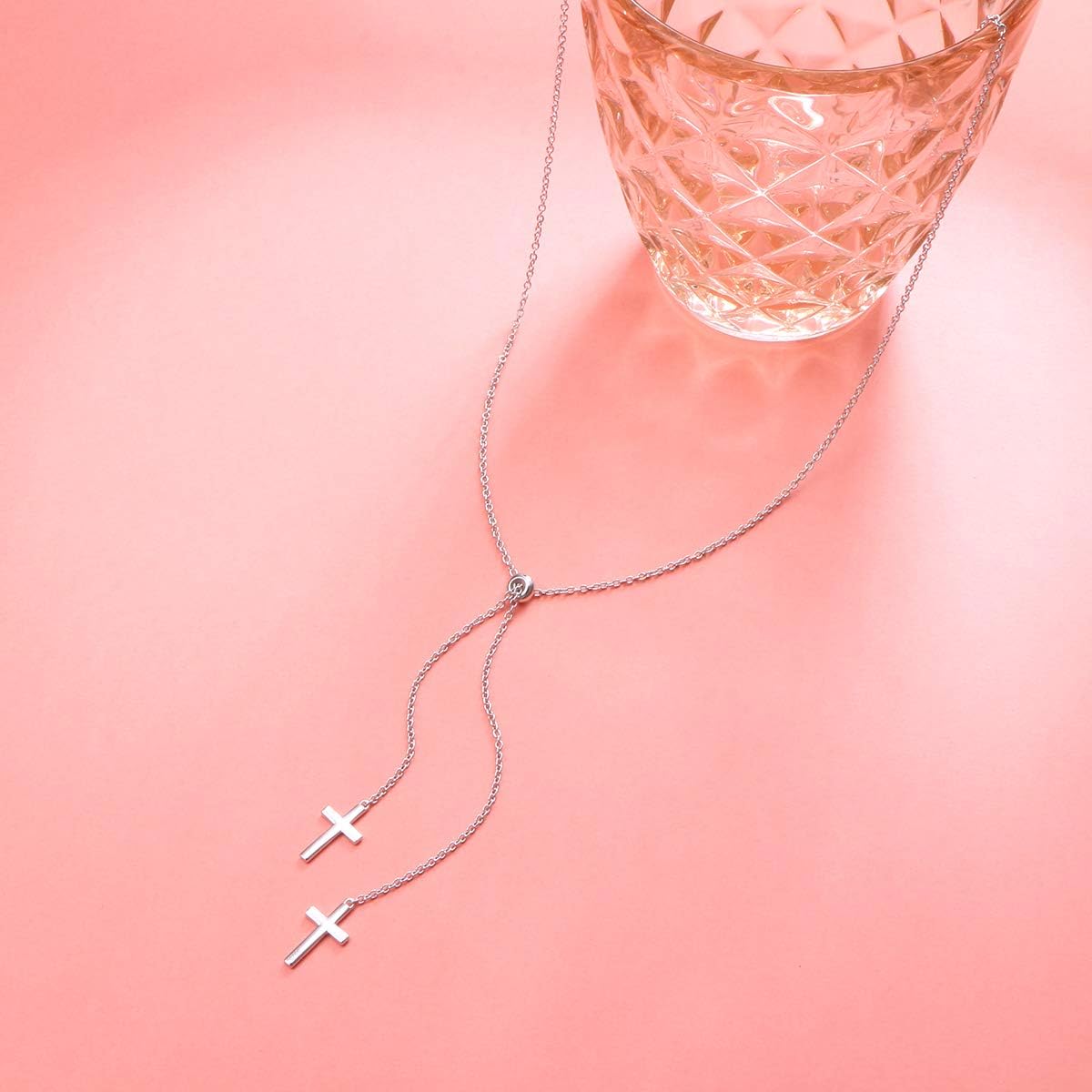 FLYOW Long Chain Dainty Lariat Necklace Simple Style 925 Sterling Silver Heart Pendant Adjustable Y Shaped Necklace Jewelry