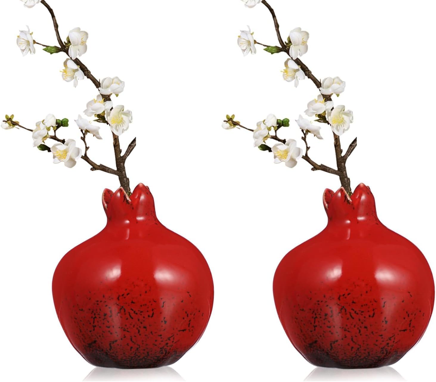 HOMSFOU Ceramic Pomegranate Ornament - Red Decorative Fruit Vase for Tabletop Home Decor, for Flower Arrangement (Pack of 2)