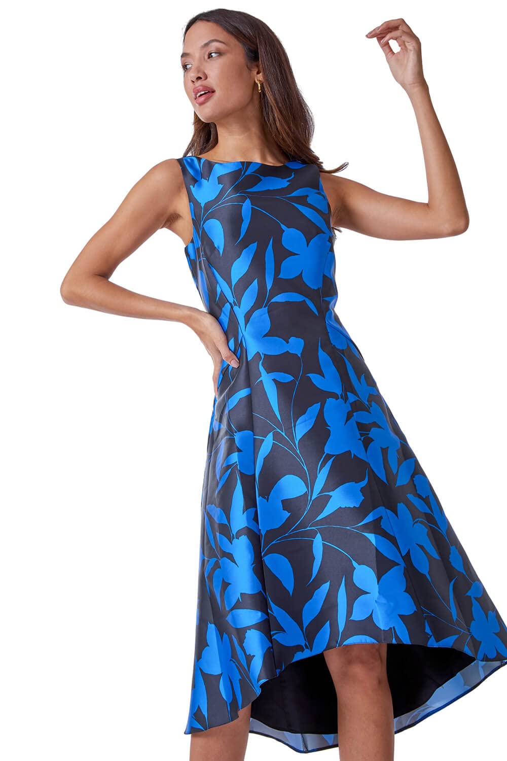 Roman Originals Floral Print Dipped Hem Jacquard Dress For Women