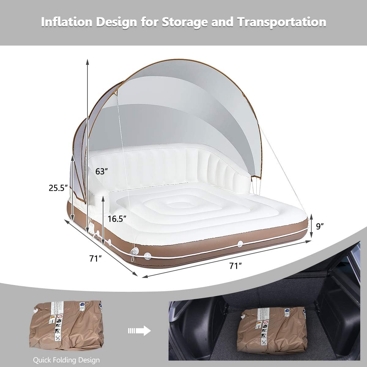 Giantex Canopy Island Inflatable Lounge, Floating Island Raft w/SPF50+ Retractable Detachable Sunshade, Inflatable Pool Float Canopy w/2 Cup Holders Backrest Armrest for Pool Lake River