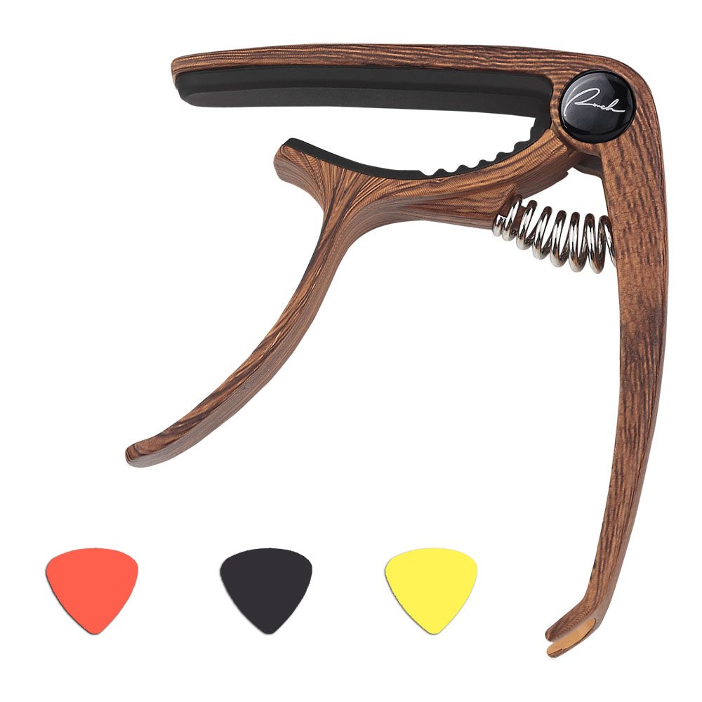 Guitar Capo Acoustic and Electric Guitars Capo Accessories - Universal Single Handed Ukuleles, Mandolin & Banjo Instruments Capo - Free 3 Guitar Picks | Wood Grain