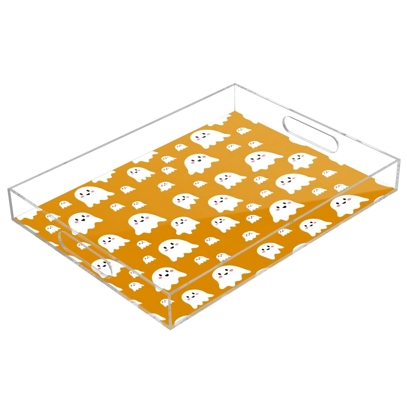 BOESI Cute Halloween Ghost Acrylic Decorative Dining Tray, Acrylic Decorative Tray Organizer with Handle for Kitchen, Dining Room, Bathroom, Dresser