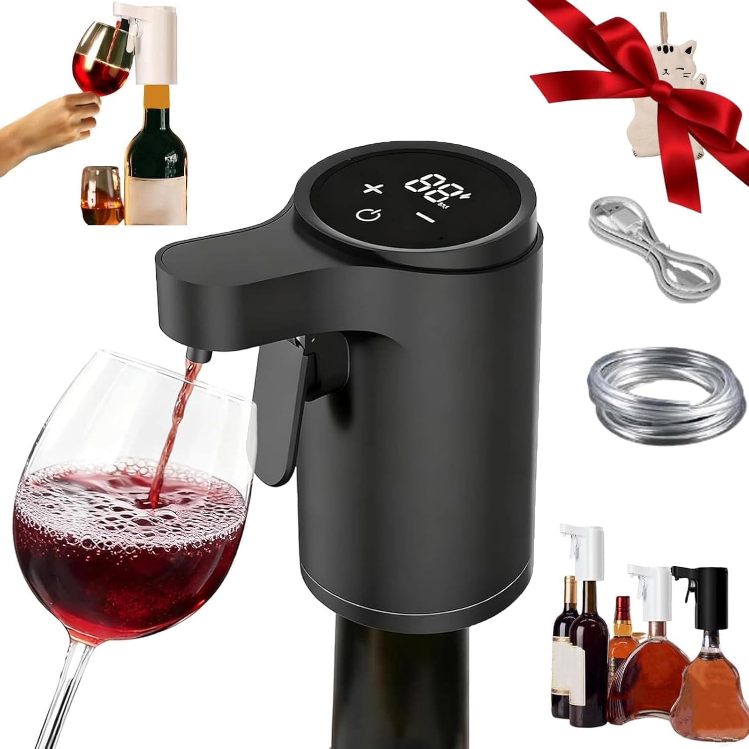 Dispensador de licor, dispensador inteligente, decantador de vino eléctrico 5 en 1, tecnología de aireación integrada, pantalla táctil LED USB, adecuado para la mayoría de botellas de vino (negro)