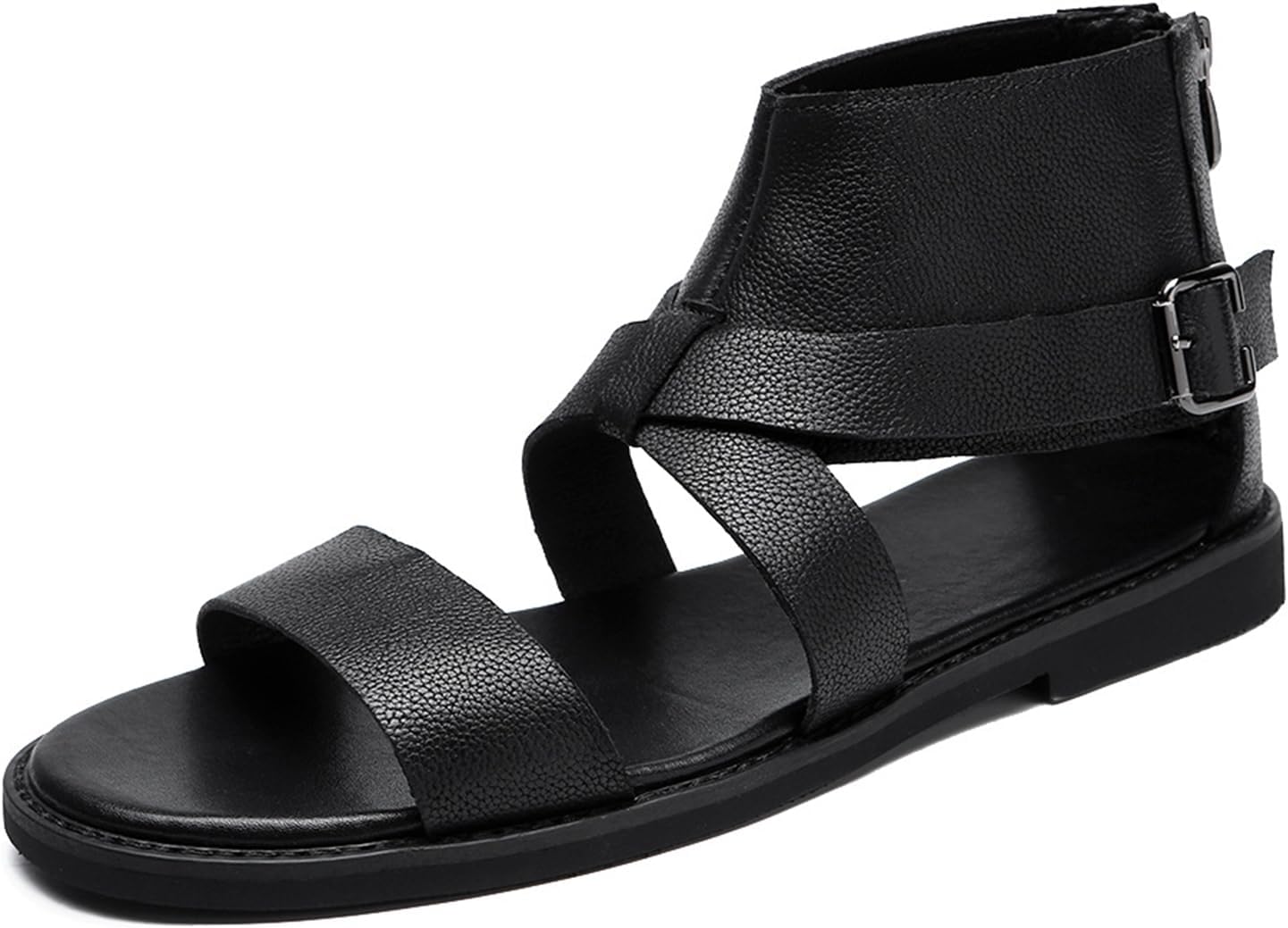 Mens Leather Gladiator Flat Sandals Comfortable Adjustable Ankle Strap Buckle Easy On-Off Back Zip Non-Slip Roman Mid Top Greek Beach Sandals For Outdoor Walking