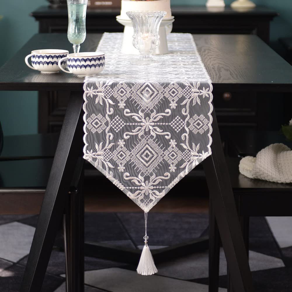 Popular Offwhite Exquisite Rustic Embroidery Tassel Pendant Table Runner with Classical Artistic Elegant Table Flag for Home Decor Table Party Wedding Holiday (Offwhite, 30x210cm)