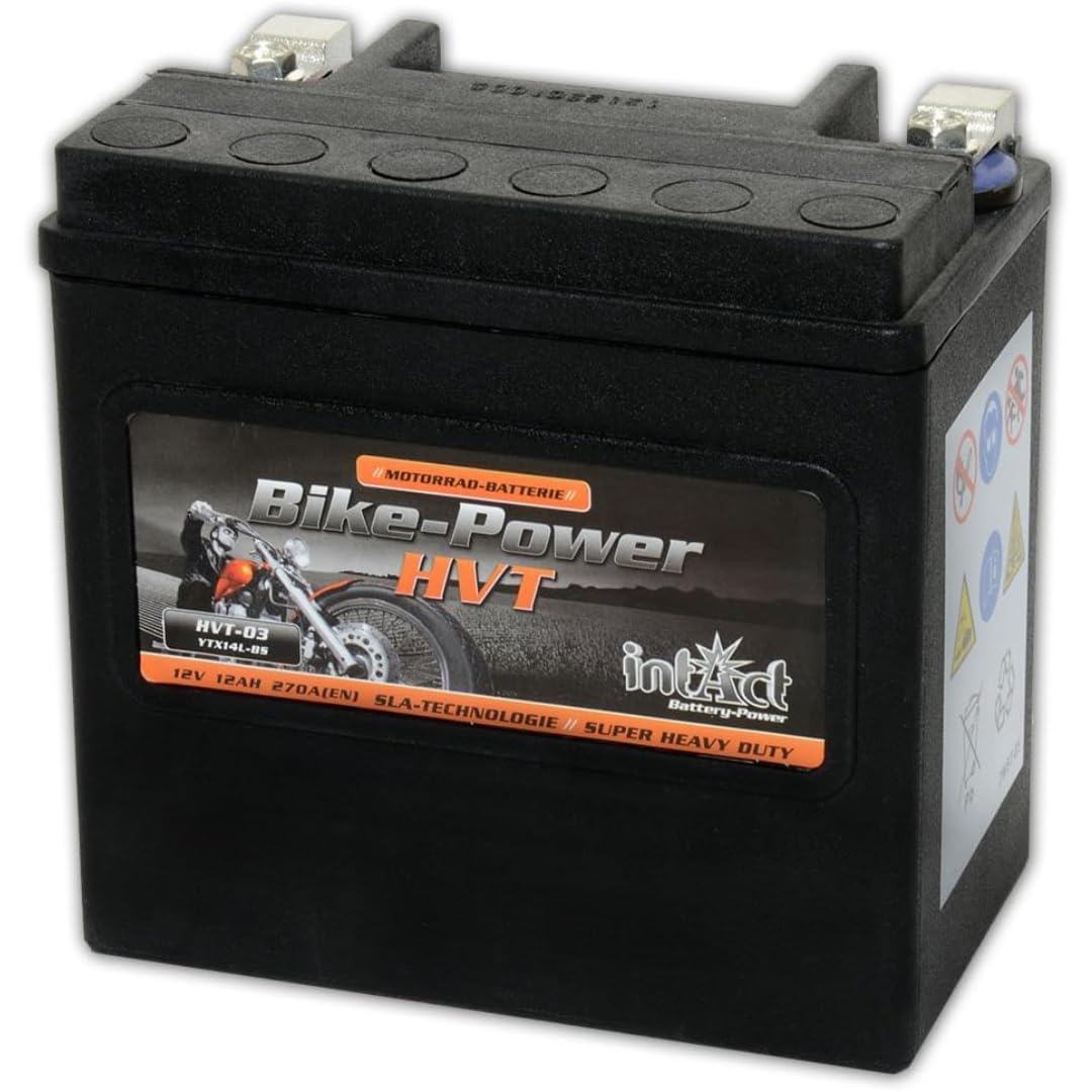 intAct - Batería para moto HVT | Batería para moto, tractor cortacésped. Batería sin mantenimiento y a prueba de fugas. | HVT-03, CTX14L-BS, 65958-04A, batería de 12 V, 14 Ah (c20), 250 A (EN) |
