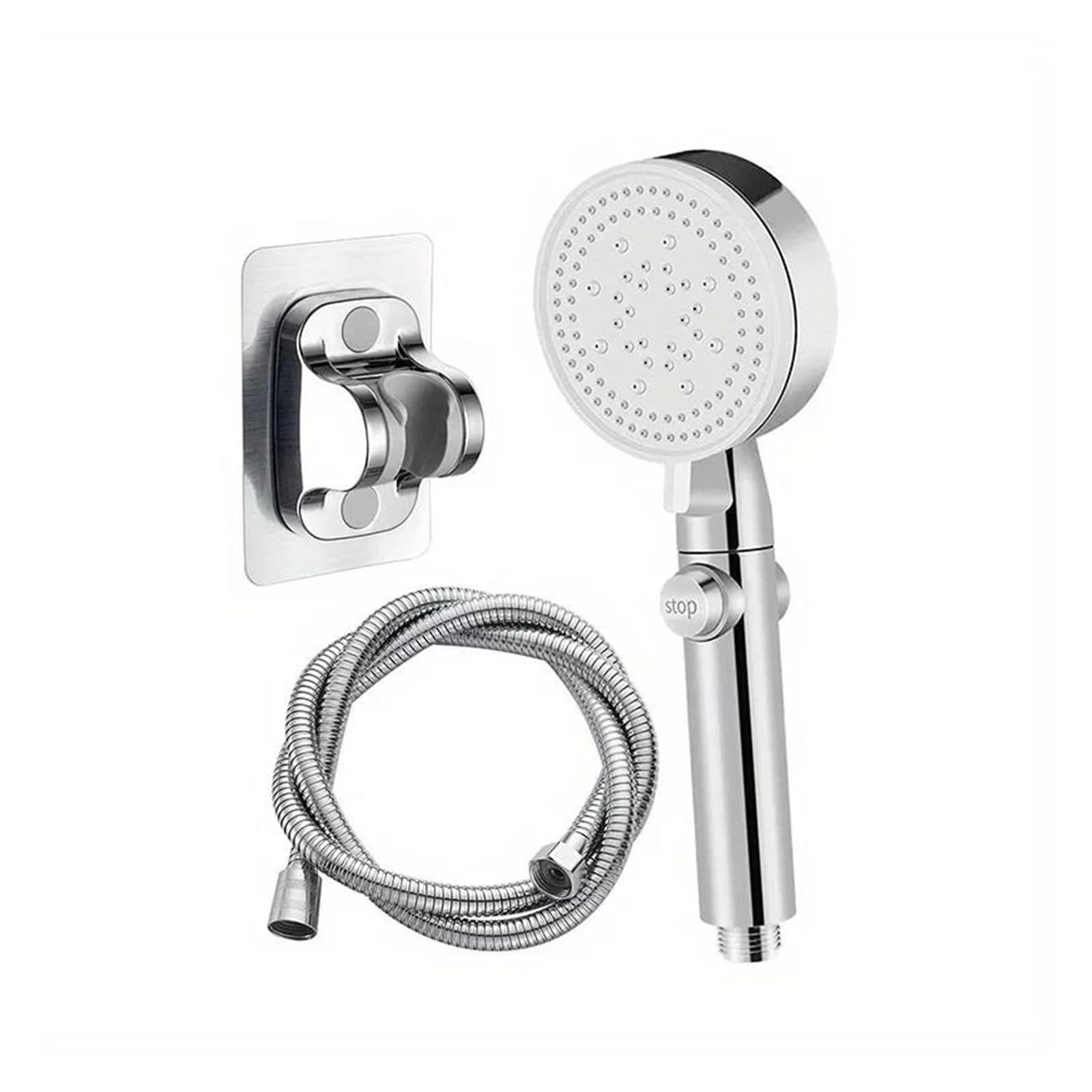 Cabezal de Ducha de Alta presión con 5 configuraciones Ajustables, Interruptor de Parada para Ahorro de Agua, Manguera Flexible y Soporte - Juego de baño Cromado de 3 Piezas para u