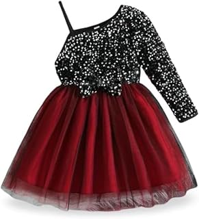 Niren Enterprise Girl's Fit And Flare Knee Length Sequence String Sleeve Off Shoulder Neck Fla Dress with Sequence Bow Price In India