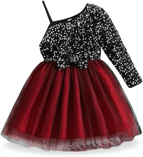 Niren Enterprise Girl's Fit And Flare Knee Length Sequence String Sleeve Off Shoulder Neck Fla Dress with Sequence Bow