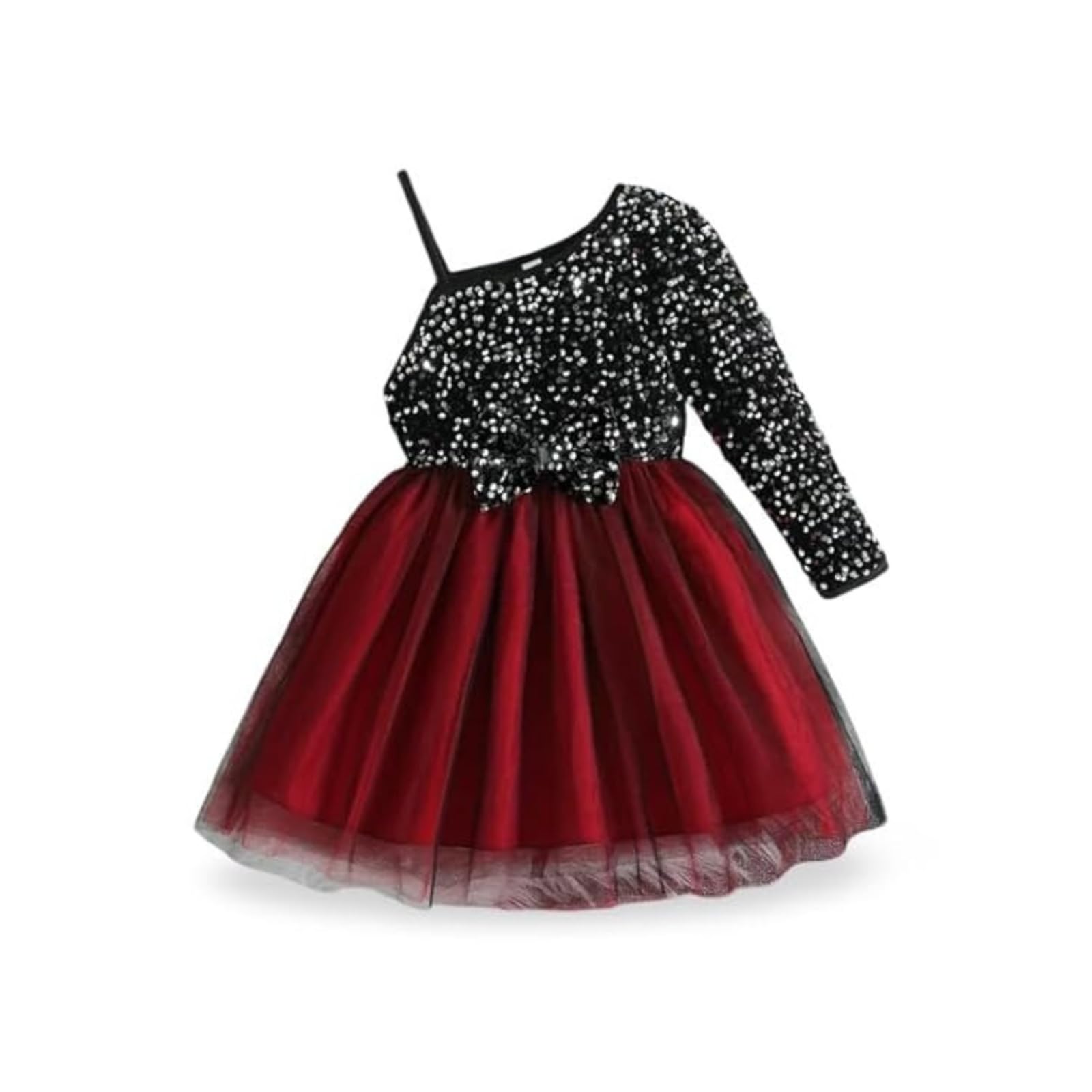 Niren Enterprise Girl's Fit And Flare Knee Length Sequence String Sleeve Off Shoulder Neck Fla Dress with Sequence Bow-image-9