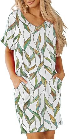 Camisunny Womens Short Sleeve Pleated Loose Swing Casual Dresses with Pockets Knee Length Summer V Neck Tunic Dress