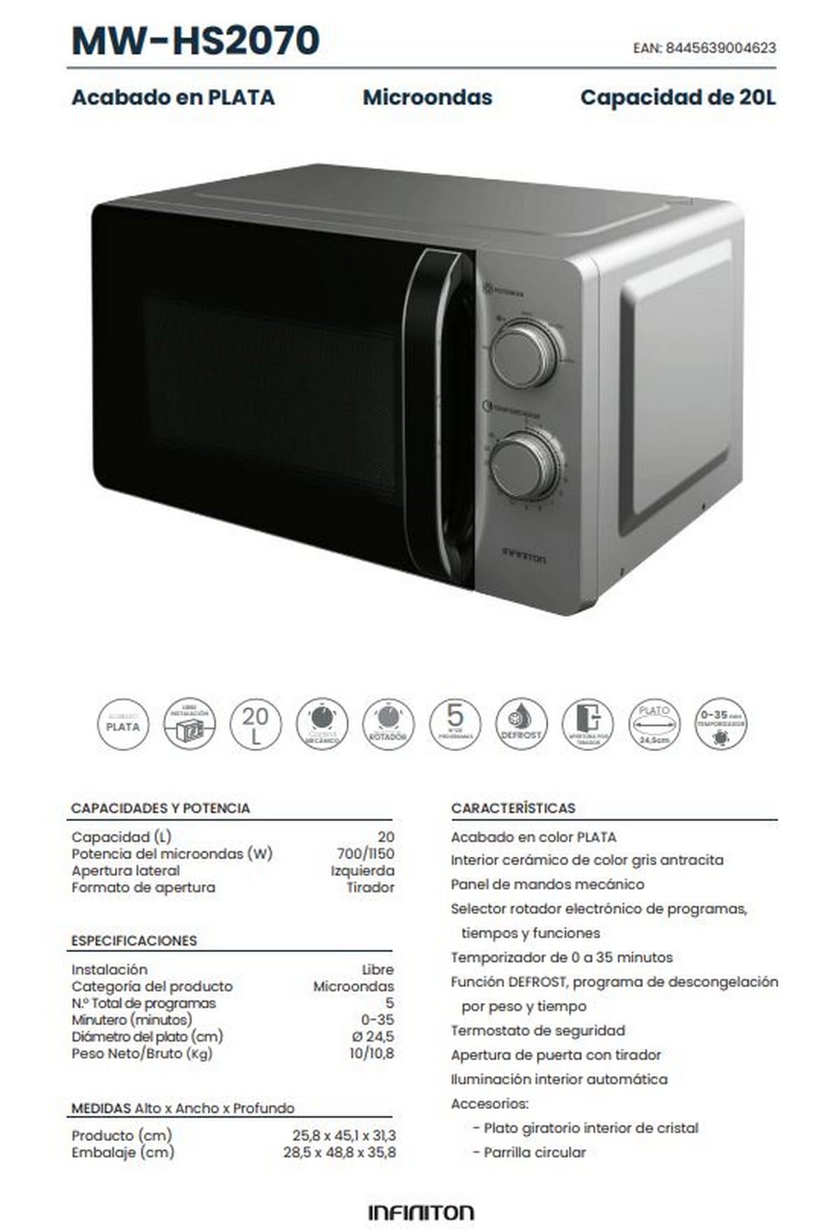 INFINITON Microondas MW-HS2070, 20 Litros, 700 W, Temporizador de 0 a 35 minutos, Función DEFROST, Apertura de puerta con tirador, Plata
