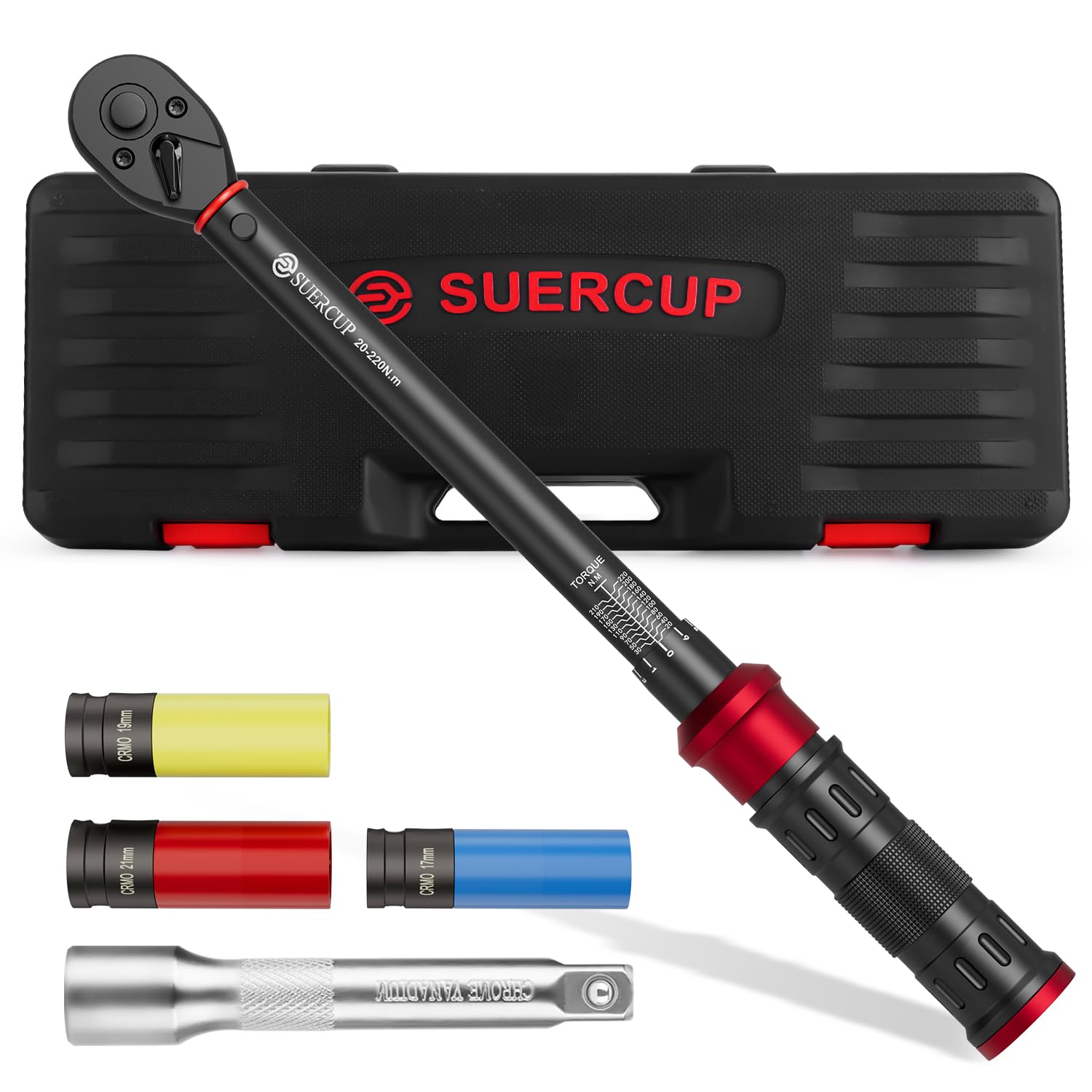 SUERCUP 1/2 cala 20-220 NM zestaw kluczy dynamometrycznych 5-częściowy ± 3% dokładności błędu, z nasadkami nasadowymi 17 mm/19 mm/21 mm, drążek przedłużający 75 mm, do wymiany opon samochodowych i