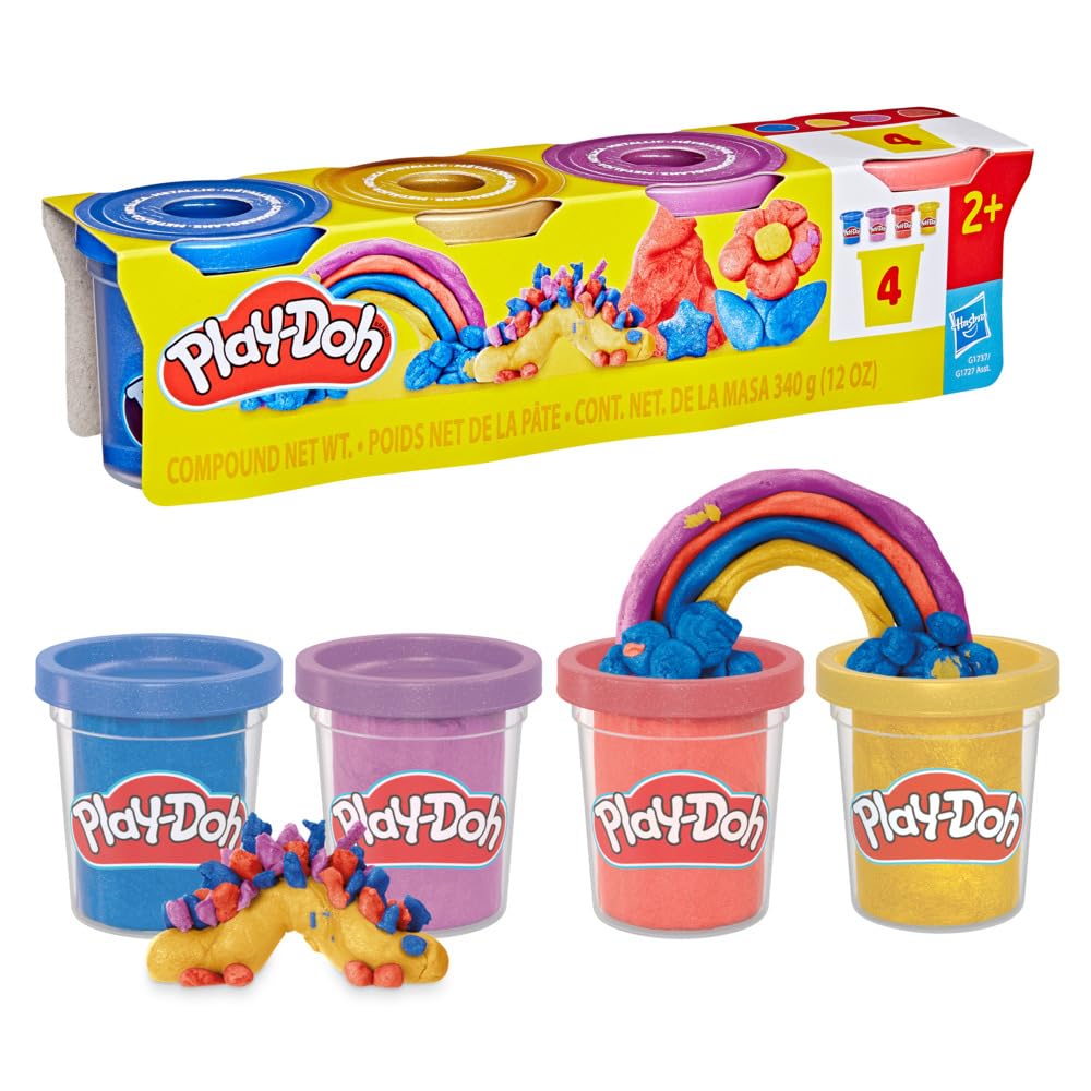 Play-Doh, Confezione di Pasta Modellabile con Brillantini Metallizzati, Giocattoli di Fantasia con Barattoli Colorati, per Bambini e Bambine dai 2 Anni in su, Contiene 4 Vasetti