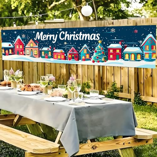 Image of Christmas Village Banner 78.7 x 17.7 Inch Snowy Town Scene with Colorful Houses and Tree Design Holiday Decoration for Yard Garden Fence Porch Patio Wall or Outdoor Display Perfect for Winter Celebration Decor