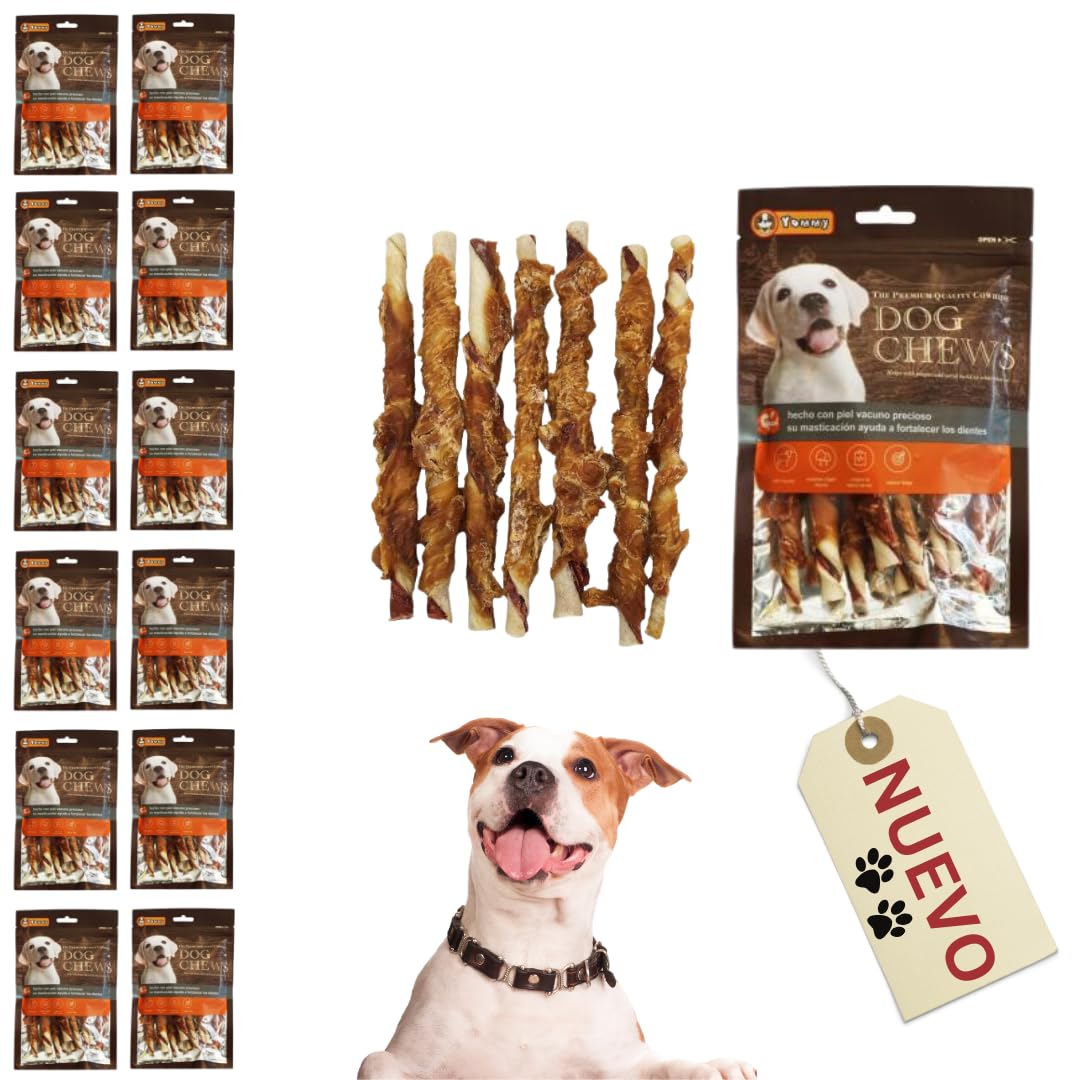 YOMMY 1080g Snacks para Perros de 100% Piel de Vacuno y Pollo Enrollado, 13cm, Pack Ahorro de Chuches y Premio Ideal para Todas Las Razas (120 palitos en 12 Paquetes)