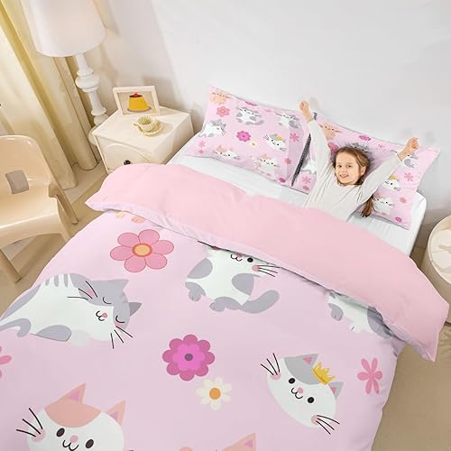 Miniatura 5 de Erosebridal Juego de funda de edredón para niñas, diseño de gatos y gatos, color rosa, 60S y 70S, funda de edredón linda kawaii, juego de ropa de