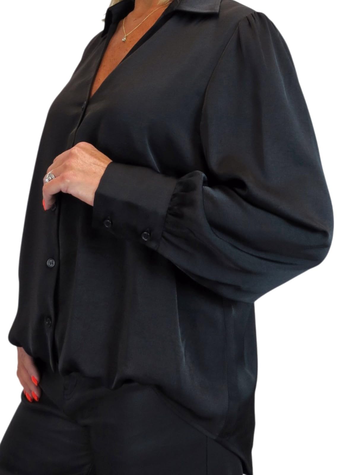 Paulo Due Chemisier Satin Femme Manches Longues Boutonné Col V Élégant Haut Fluide Léger Bureau Chic