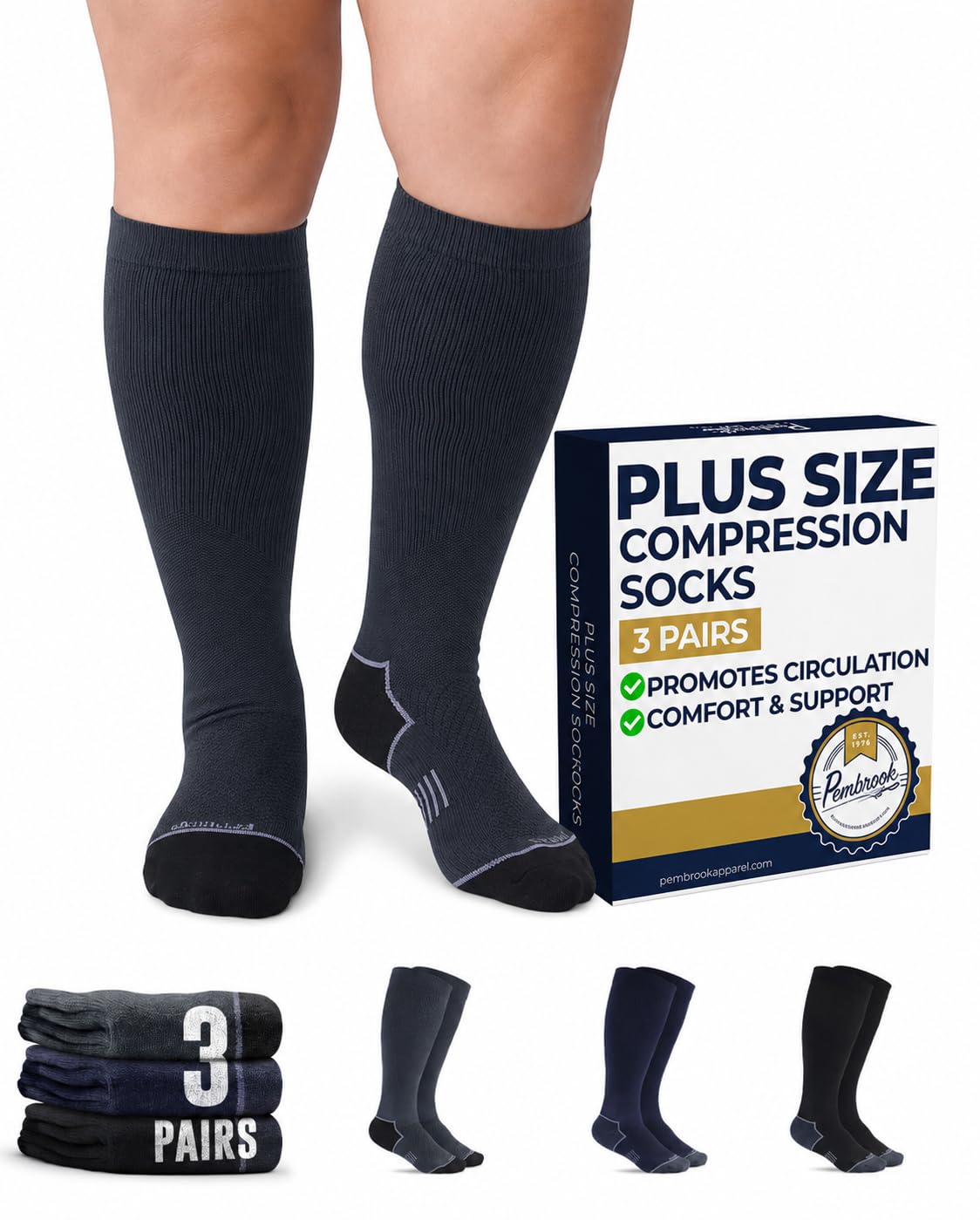 pembrook plus size compression socks for women wide calf - 3 pairs, 20-30mmhg extra wide calf compression socks, up to 4xl