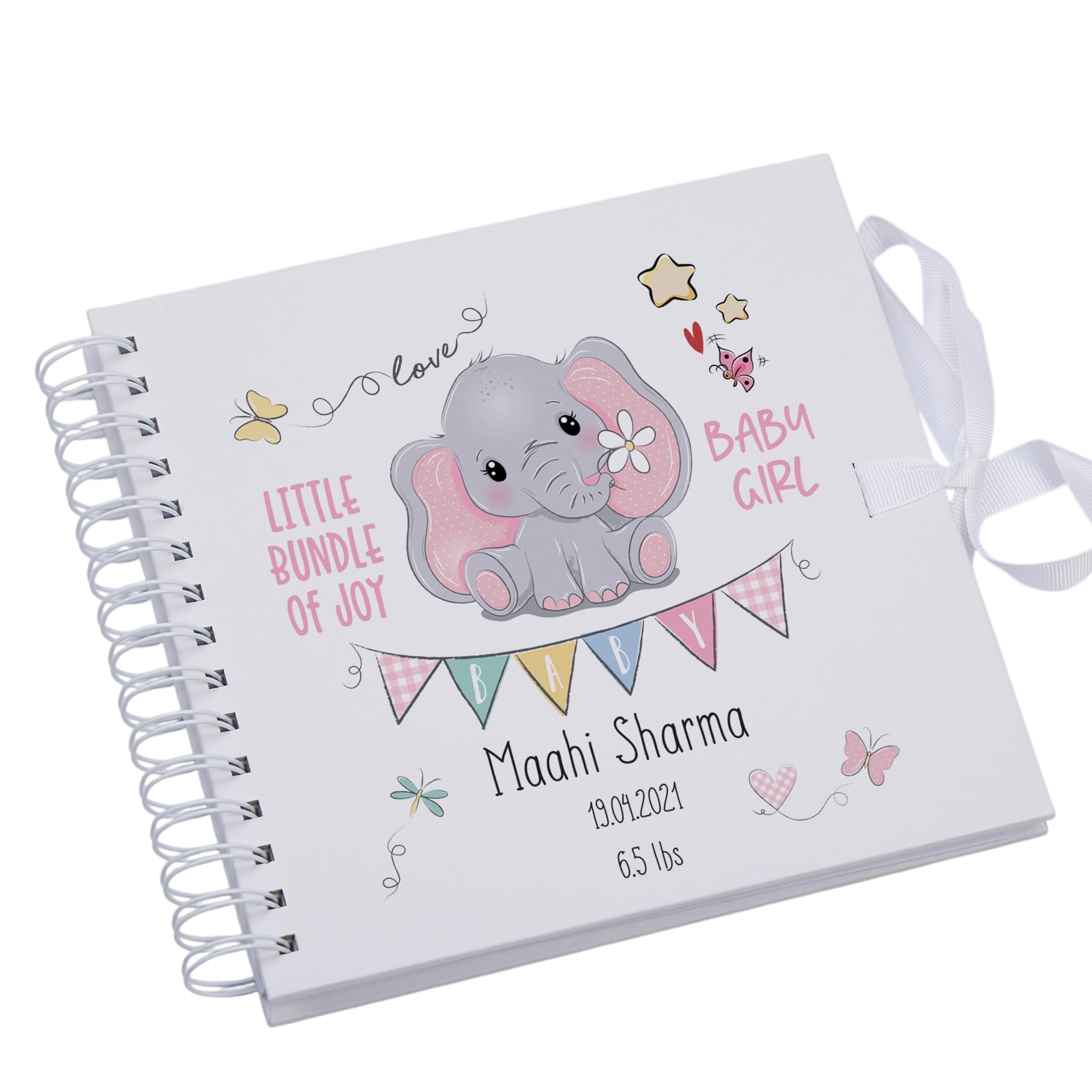 Ukgiftstoreonline Women's White Personalised Baby Girl Scrapbook Photo Album Or Guest Book With Elephant