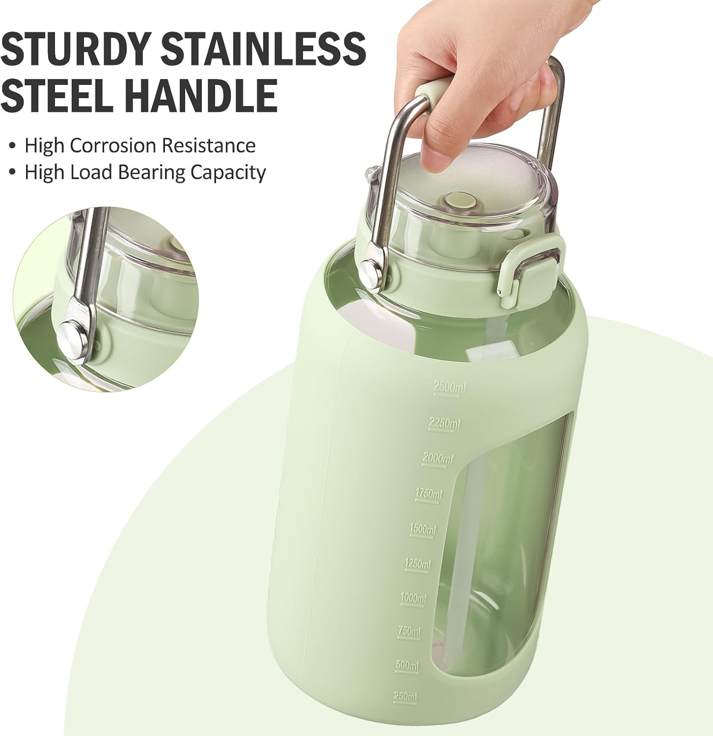 BLUEGO 84oz Glass Water Bottles with Sturdy Stainless Steel Handle, Large Water Bottle with Straw Sip & Chug Lid, 2.5L Water Jug Silicone Sleeve with Time, Daily Travel Sports, Light Green - Image 4