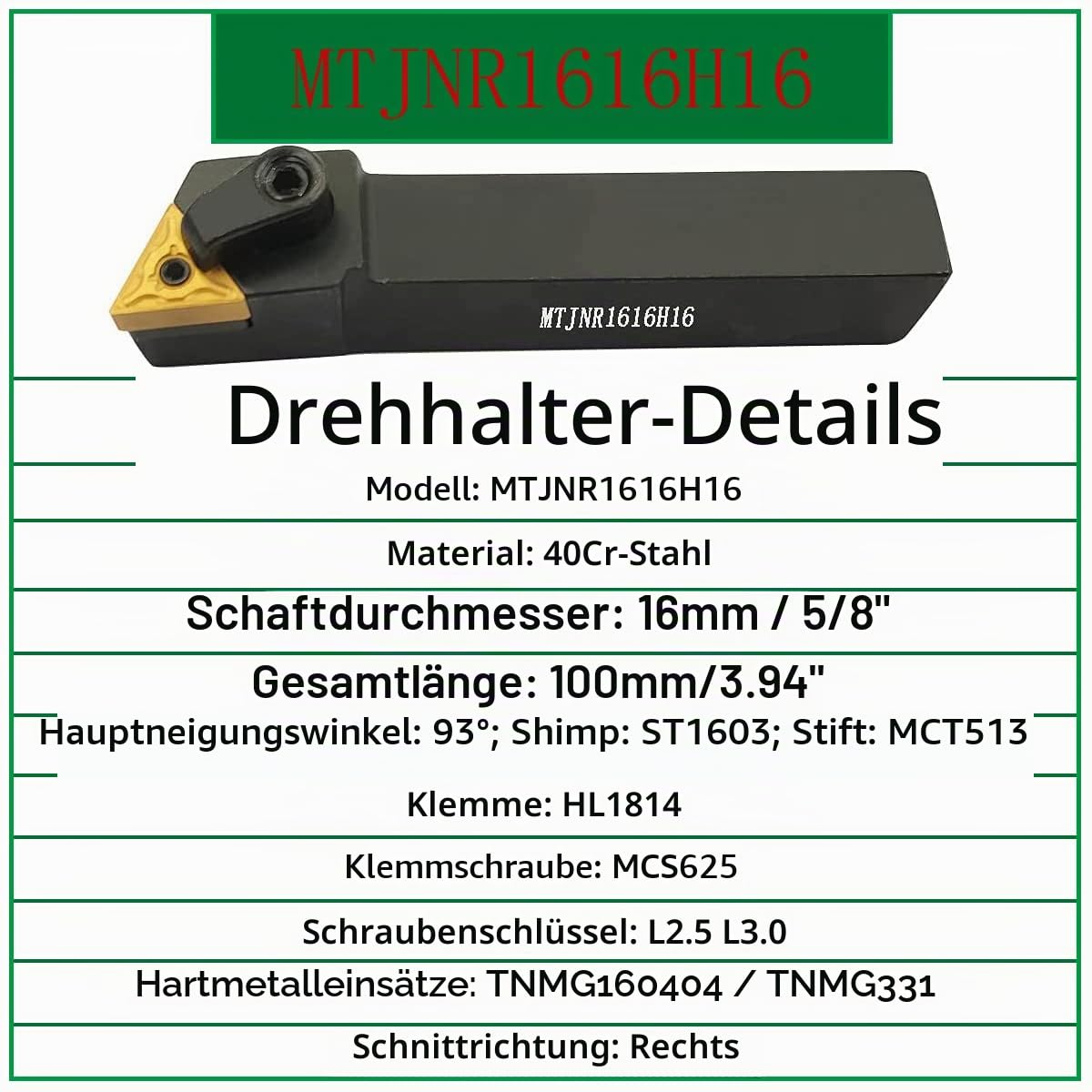 5/8 Zoll Drehmaschine Excircle Indexable Hartmetall Drehwerkzeug Halter MTJNR1616H16 + Metall Drehmaschine interne Bohrstange S16Q-MTJNR16 + indexierbare Hartmetalldreheinsätze TNMG331(TNMG160404).