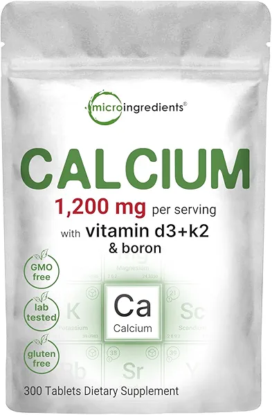 Micro Ingredients Calcium 1,200mg with Vitamin D3 & K2, 300 Tablets | Calcium Supplements for Women & Men | Mineral Complex Support Bone, Teeth, Colon & Cardiovascular Health | Non-GMO, Gluten-Free