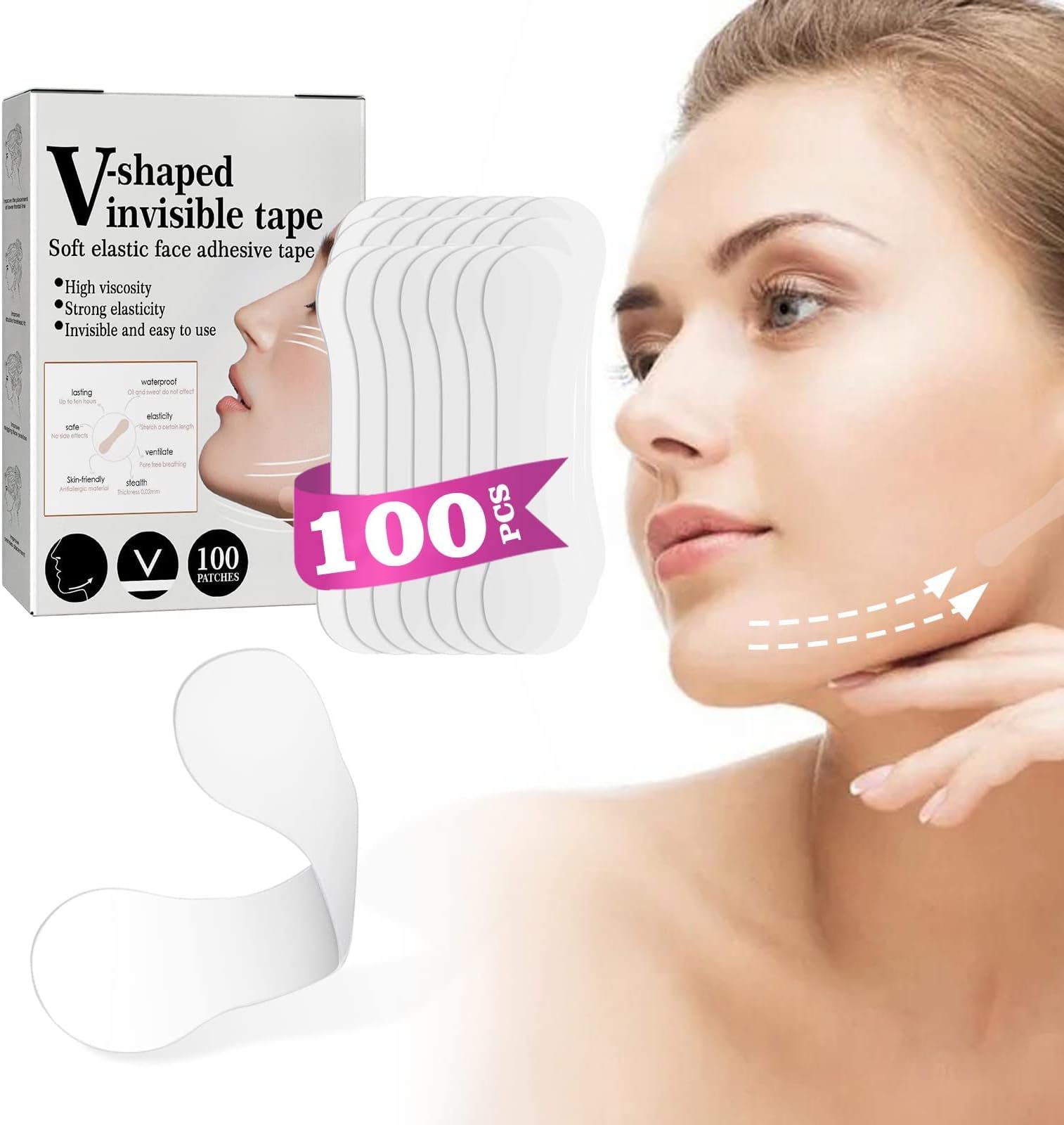 KASTWAVE Face Lift Tape, 100 PCS V-Line Face Tape Lifting Invisible, Face Lift Tools for Reducing Double Chin, Hiding Wrinkles and Lifting Saggy Skin
