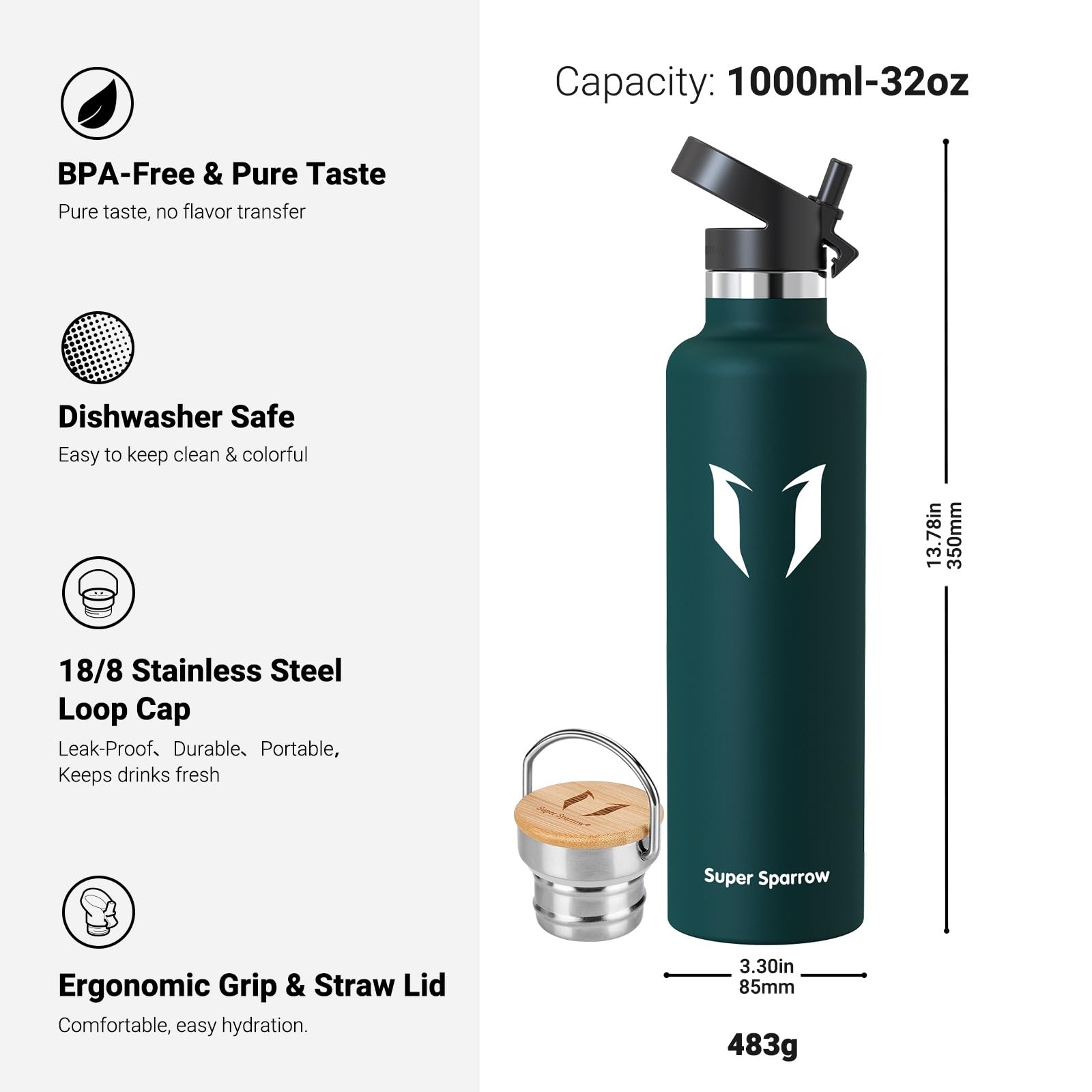 Super Sparrow Borraccia Termica - Bottiglia Termica Senza Perdite - 350ml/500ml/620ml/750ml/1L - Senza BPA Borracce Bambini - Per Scuola, Sport, Campeggio, Palestra, Ciclismo - Con 2 Tappi