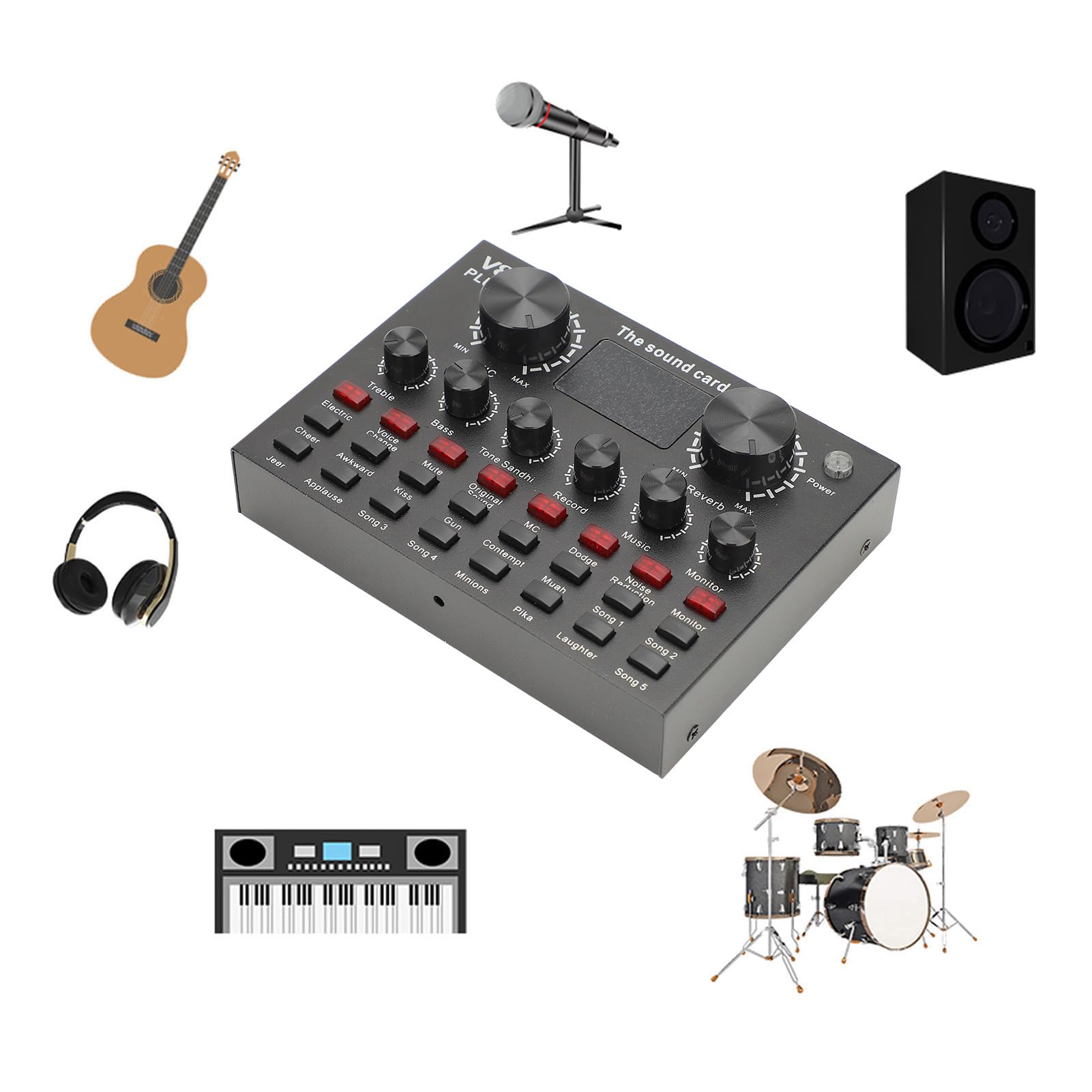 Tarjeta de Sonido en V8-Plus, Tarjeta de Sonido Mezcladora de Podcasts de Grabación de Karaoke Externa USB con Bluetooth 5.0, Micrófono Incorporado, para Grabación de