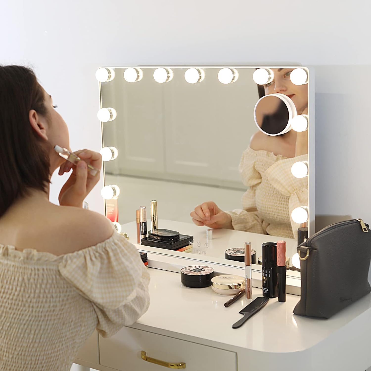 Hutelon Vanity Mirror Makeup Mirror with Lights,Large Hollywood Lighted Makeup Mirror with 15 Dimmable LED Bulbs,3 Color Modes,Touch Control for Dressing Room,Bedroom,Tabletop or Wall-Mounted