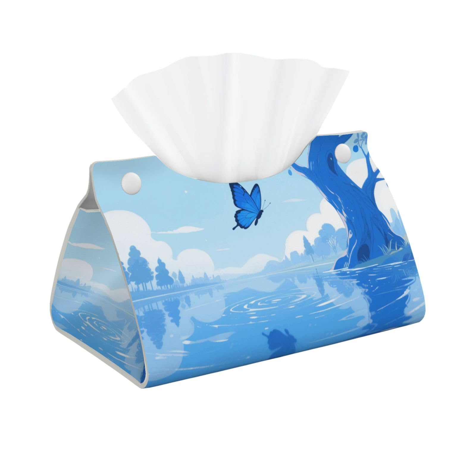 Pu Leather Tissue Box Cover, Blue Butterfly Rectangle Tissue Case Covers Decorative Tissue Box Holder Waterproof Tissue Holder Organizer for Bathroom Home Office