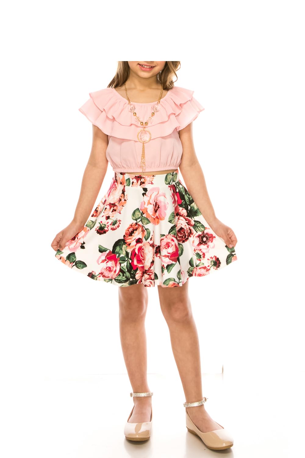 iGirlDress Girls Off Shoulder Crop Ruffle Layered Top and Skirt Set Outfit USA 4-14