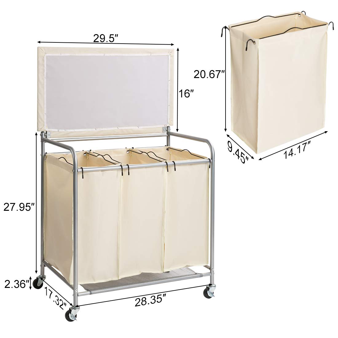 Marble Field 3Bag HeavyDuty Rolling Laundry Sorter Laundry Cart with