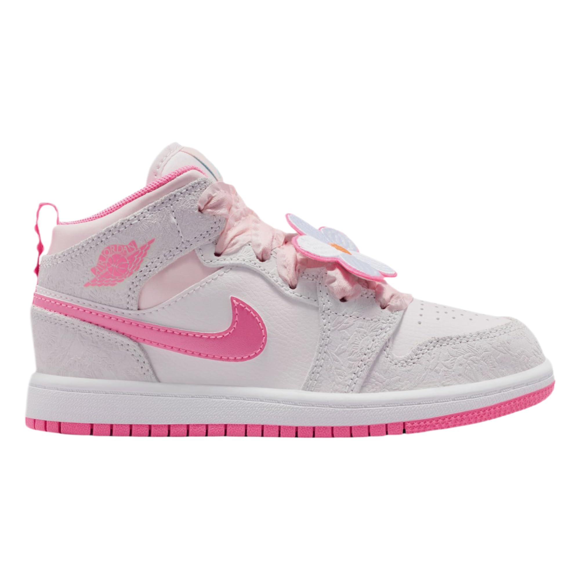 Air Jordan 1 Mid SE - Zapatos de estilo de vida preescolar (gris intenso/vela/flor rosa/brillo rosa)