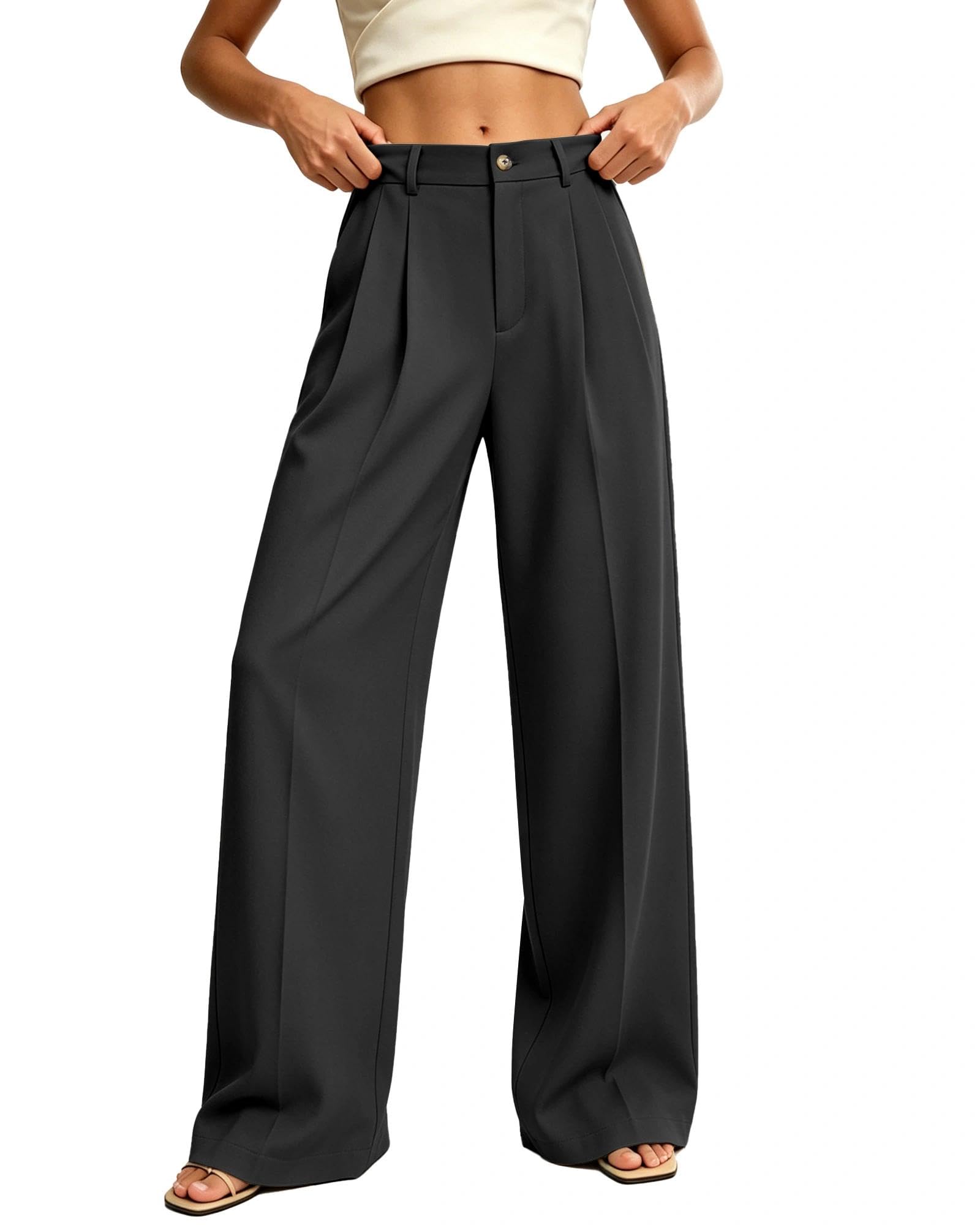 JUOIANTANG Damen Anzughosen hoch Taille Bundfalten Business Casual Palazzohose mit weitem Bein und Taschen Frauen Stoffhosen