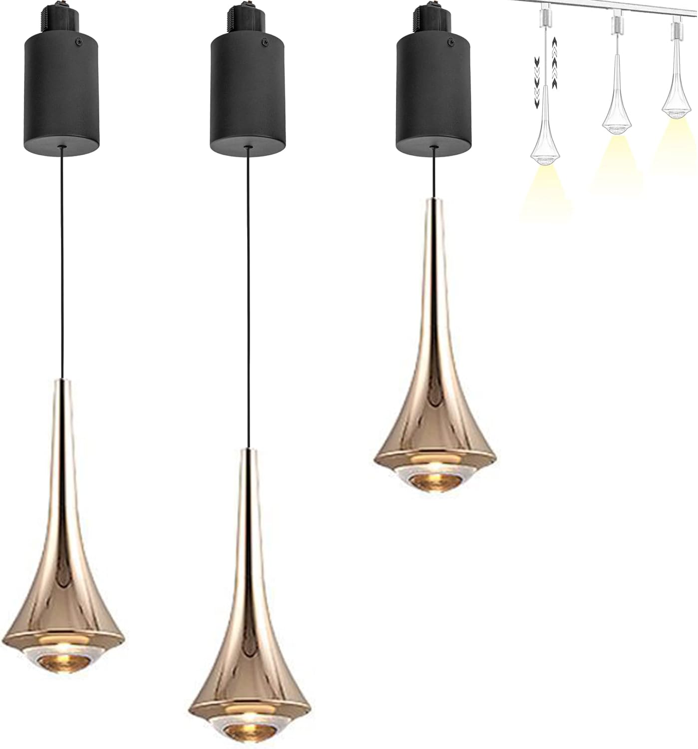 J-Type Track Light with 7W LED Retractable Lift Spotlight Modern Look Gold Pendant Lights Adjustable Height Accent Downlight 3000K Linear for Living Room Kitchen Island,3 Lights